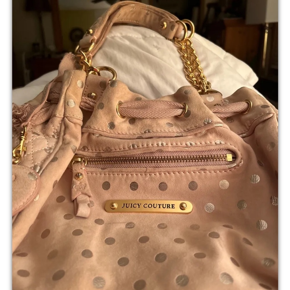 Vintage Juicy Couture Pink Suede Leather Polka Dot Bag with Gold chain handles.